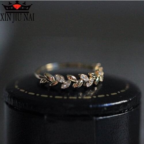 New 18K Golden Ladys Ring Golden Rice Wheat Crescent-shaped, Branches and Leaves Female Jewelry with Small Gravel Birthday Gift