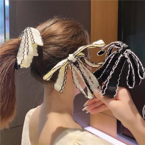 New Korea Ribbon Bow Banana Clip Imitation Pearl Vertical Card Ponytail Clips Sweet Headwear Women Fashion Hair Accessories