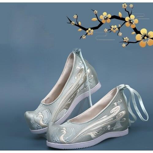 New High-heeled Hanfu Shoes Womens Embroidered Chinese Elements Costume Bow Shoes Ancient Costume Bow