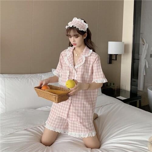 Summer New women pajamas suit cardigan sweet grid turn-down collar short sleeve shorts sleepwear two piece set send Eye mask