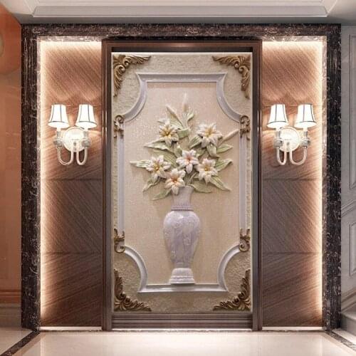 Custom 3D Embossed Vase Large Mural European Style Living Room Entrance Corridor Art Painting Self Adhesive Wallpaper background