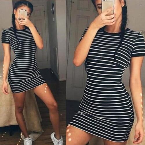 Summer Casual Striped O-Neck Short-Sleeved Dress Black and White Striped Dresses Casual Elegant Sheath Slim Dress