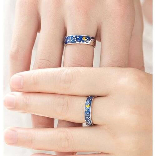 S925 Plated Van Gogh Starry Sky Open Lover Rings Band Romantic Jewelry