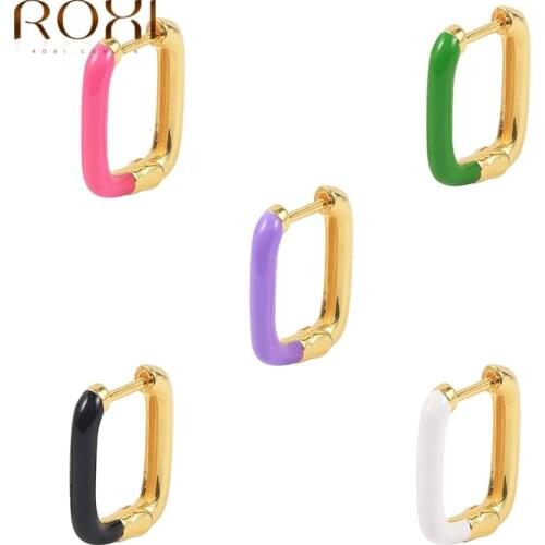 ROXI 925 Sterling Silver Enamel Geometry Hoop Earrings For Women U-Shaped Drip Oil Pendientes Ear Piercing Earrings Gold Jewelry