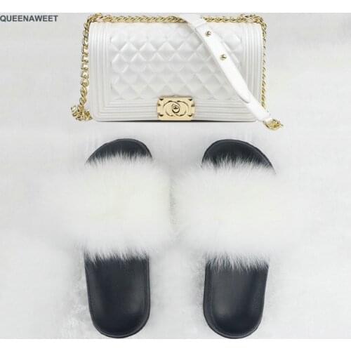 2020 Real FOX Fur Slides With Vogue Jelly Bag Indoor Flip Flops Casual Shoes for Woman Fur Sandals Wholesale