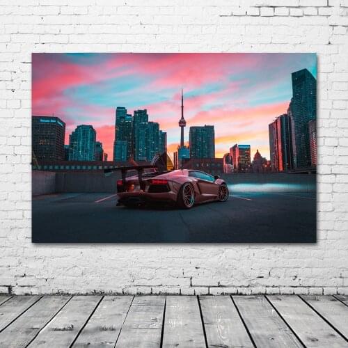 Supercar Aventador City Night Skyscrapers Picture Wall Art Posters Fabric Print Canvas Paintings for Living Room Decor