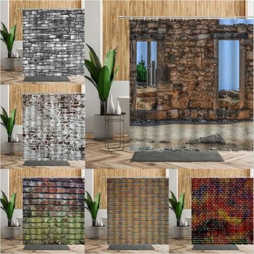 Retro Stone Wall Photo Shower Curtain Brick Scenery Bath Screen Waterproof Hanging Fabric With Hook Bathroom Curtains Home Decor