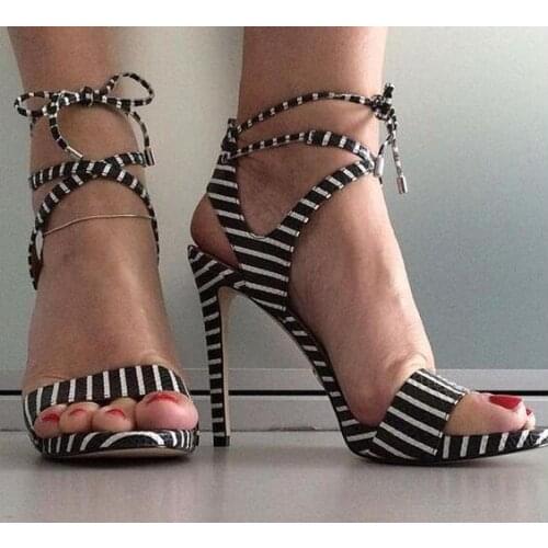 Dipsloot Hot Woman Black White Striped Peep Toe Sandals Cross Lace Up Stiletto Heels Sandals Shoes Lady Drop Shipping