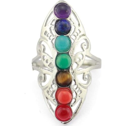 Womens Natural Stone Ring Vintage Hollowed Flower Stone Adjustable Cuff Open Full Rings 7 Chakra Reiki Rainbow Stone Mid Rings