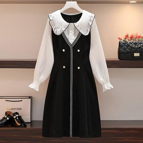 Plus Size 4XL Office Ladies Elegant Dress 2021 Ruff Collar Pearl Buttons Long Sleeve A Line Party Dresses women Vintage Clothing