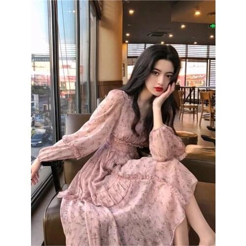 Herstory Clothing Dresses Vestidos Print Korean Style Fashion New Long Sleeve Autumn Chiffon Pink Women