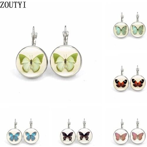 2019 / new fashion retro flower butterfly earrings, convex glass inlay earrings, ladies wear earrings jewelry gifts