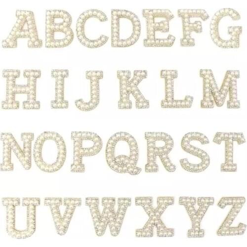 X7YC 26 PCS Iron on Letters Patches Applique Sew on Patches Rhinestone Pearls Letter A-Z Patch Alphabet Embroidered Patches DIY