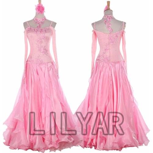 Ballroom Dance Dress Standard Skirt Competition Dress Costumes Performing Dress Customize New Arrival Adult Children Pink Pearl