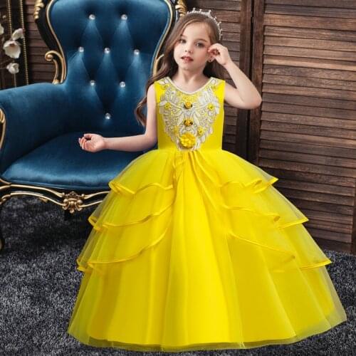 Formal Evening Wedding Ball Gown Tutu Dress Flower beaded lace Girls Clothing Party Long Dress Frocks For 6 8 10 12 14 Years
