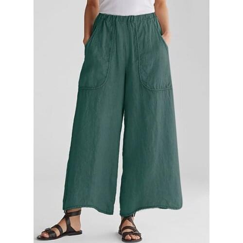 Womens elastic belt pockets big trouser legs solid color cotton and linen casual comfortable loose wide-leg pants