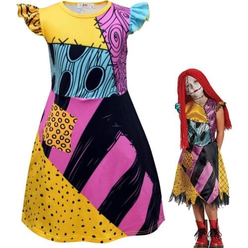 Girls Nightmare Before Christmas Clothes Sally Cosplay for Kids Fancy New Year Costume Fly Sleeve Princess Dress Party Clothing