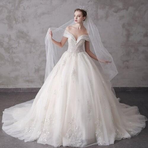 Custom Made Wedding Dresses Ball Gown Puffy Lace Tulle Crystal Pearls Elegant Luxury Wedding Gowns 2020 New Fashion HS22