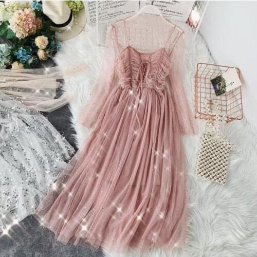 Ins Dusty Pink Dress Set Two-Piece Mesh Skirt Spring 2021 New Sweet Age-Reducing Sequins Tulle Long Skirt Female Vestido NW128