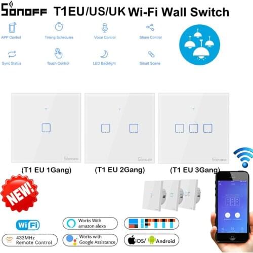 SONOFF T1EU Wifi Smart Switch Touch Screen Remote 1/2/3 Gang 433Mhz RF/Voice/APP/Touch Control Smart Home TX Alexa Google Home