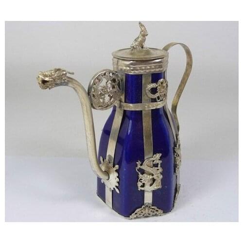 Healing Tibetan antique silver porcelain teapot flagon Garden Decoration 100% real Tibetan Silver Brass
