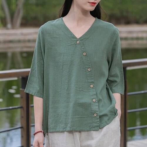 Johnature Women Shirts V-neck Linen Loose Top Vintage Solid Color Short Sleeve Shirts 2021 Summer New Leisure Blouses