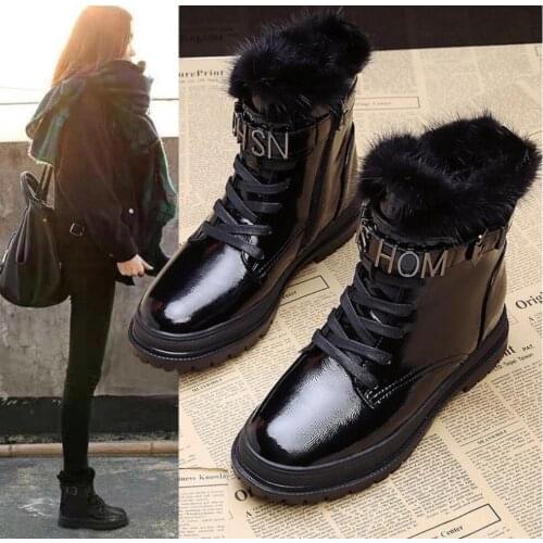 Quality Patent Leather Women Boots Lace Up Martin Boots Women Ankle Fur Boots Winter Warm Women Shoes Thick Plush Snow Boots