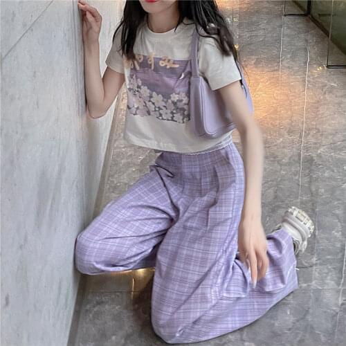 Summer Suit Female Student 2021 New High Waist Short Print T-shirt + Plaid Wide-leg Pants Two-piece
