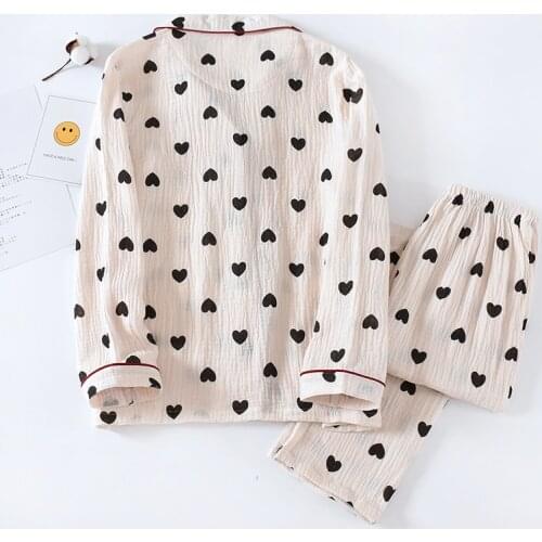 Fashion Ladies Spring and Autumn 100% Pure Cotton Ladies Pajamas Long-sleeved Lapel Loose-hearted Home Service Suit