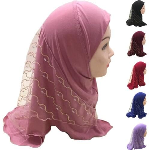 Muslim Kids Girls Hijab Islamic Head Scarf Amira Wrap Full Cover Mesh Shawl Hat Arab Turban Headscarf Prayer Hat Bandanas Casual