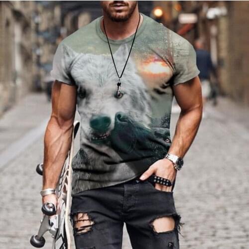 2021 summer letter print wolf dog pattern T-shirt mens summer round neck short-sleeved street fashion T-shirt plus size