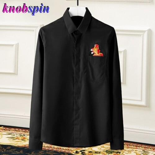 Embroidery Pocket men Shirt Casual slim long sleeve Camisas masculina Black White Chemise homme Brand quality male Dress shirts