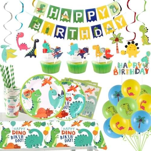 Dino Party Supplies Dinosaur Balloons Paper Straws Disposable Tableware Set Kids Boy Birthday Party Decoration Jungle Party