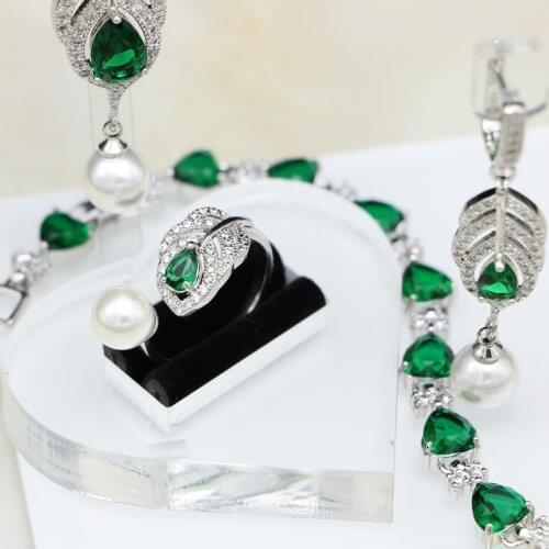 925 Silver Bridal Jewelry Sets Green CZ White Pearls for Women Wedding Earrings/Pendant/Necklace/Ring/Bracelet Set