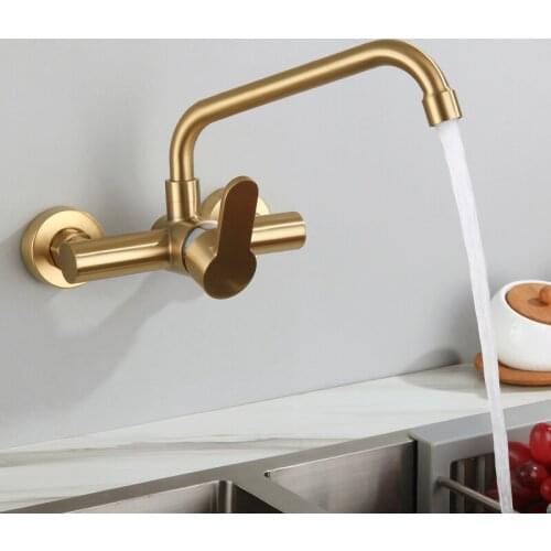 Wall mounted Brushed gold stainless steel kitchen sink faucet ,Rotatable,Cold and hot water faucet,Single handle
