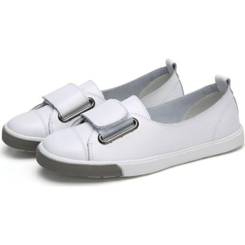 Small White Shoes Shallow Mouth Leather Fashion Womens Flat Shoes; All-match Velcro High-quality Womens Shoes Zapatos De Mujer