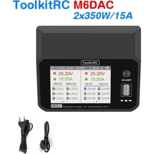 New ToolkitRC M6dac Dual Channel Smart Lipo Battery Charger Discharger DC 350WX2 15A AC 200W for 1-6S Lipo LiHV Battery PD 65W