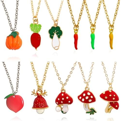 Mushroom Chilli Pepper Radish Peach Pendant Necklace Capsicum Cayenne For Women Vegetables Fruits Necklace Jewelry Wholesale