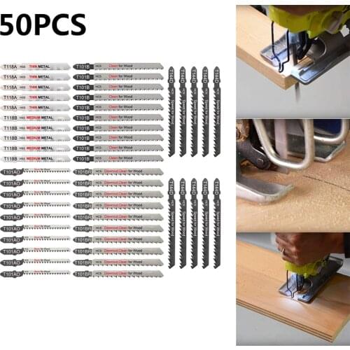 50Pcs Various T-Handle Jigsaw Reciprocating Saw Blades Suitable For Wood Plastic Metal Cutting T118A/T118B/T101AO/T101B/T1444