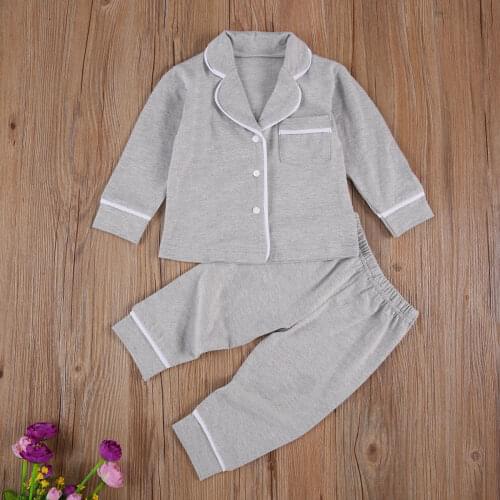 2 Pcs Infant Kids Girls Boys Pajama Sets Long Sleeve Lapel Buttons Shirt Top+Pant Cotton Casual Children Sleepwear Nightwear