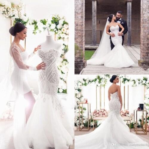 Mermaid wedding dresses Hot Lace Appliqued with Buttons Back Tulle Sweep Train Beach Bridal Gowns