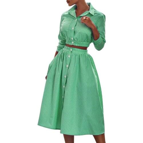 BAMBOOBOY Women Elegant Vintage Autumn Printed Stripe Short Shirt Fashion Button Up A Line Skirt Two Piece Set FD496