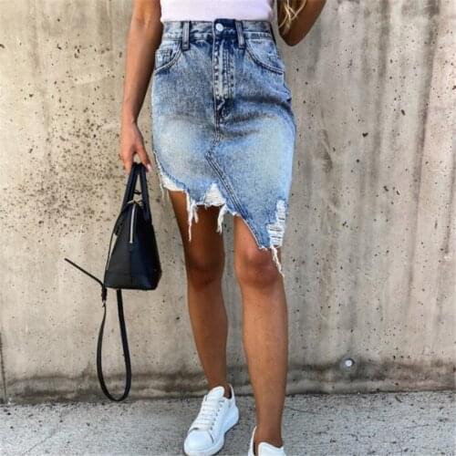 Women Blue Ripped Casual Mini Denim Skirt 2020 Summer Bodycon Lady Skirt Basic Pocket Denim Skirt Irregular High Waist Skirts
