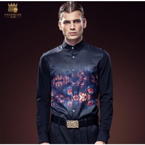 FANZHUAN brands Free Shipping New casual male Mens 2016 autumn slim DP personalized floral printed long sleeved shirt 612117