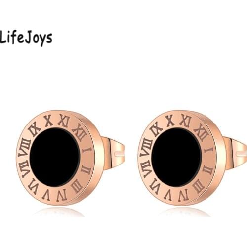 Roman Numeral Stud Earrings Korean Style For Women Stainless Steel Round Black Shell Ear Studs Brand Jewelry Rose Gold Fashion