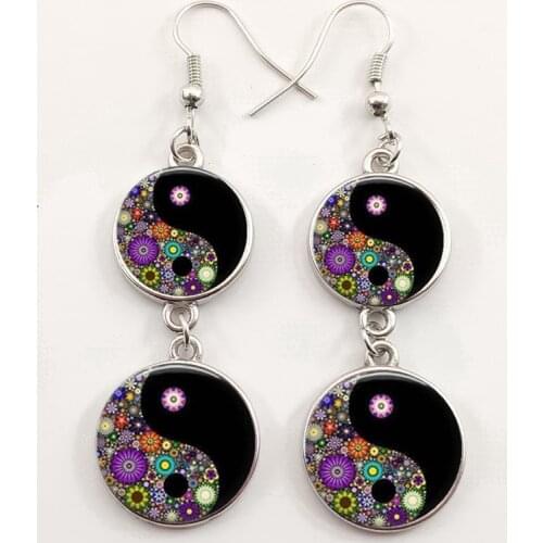 Retro Ying Yang Mandala Glass Dome Cabin Dangle Earrings Vintage Bronze Punk Back Earrings Womens Girls Jewelry Wholesale