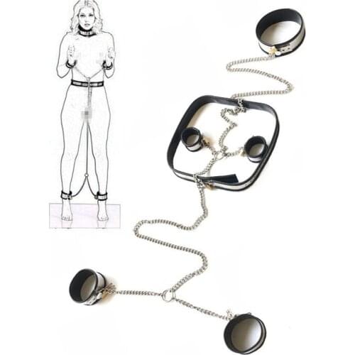 Stainless Steel Silicone Chastity Bondage Cuffs Set Waist Belt Neck Collar Handcuffs Adult Games Bondage Restraints BDSM Torture