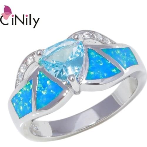 CiNily Silver Plated Created Blue Fire Opal Blue Stone Cubic Zirconia Wholesale for Women Jewelry Wedding Ring Size 7-9 OJ9429
