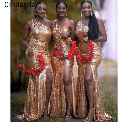 Gold Bridesmaid Dresses Shining One Shoulder Mermaid Gold Sequins Bridesmaid Dresses With Zipper Back Wedding Party Dresses