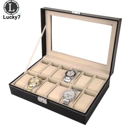 12-digit Word Lock Watch Storage Box Open Window Jewelry Box Cover Transparent Glass Leather Watch Box for Organizer
